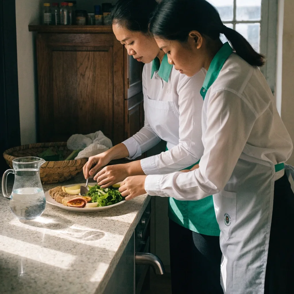 A dietitian seated at a table by a window reviewing client notes from a closed folder