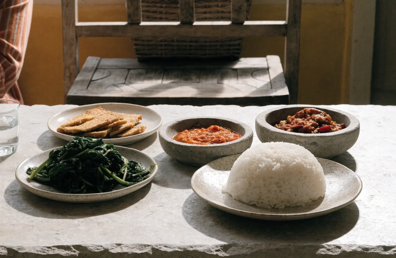 An everyday Indonesian family lunch of rice, greens, tempeh, and sambal on a stone table