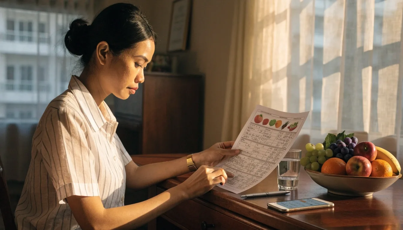 A closed notebook and pen on a stone table in cool-noon light at the NutriGuide Indonesia consulting room