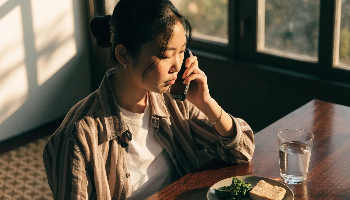An empty chair, a glass of water, and a table telephone in shoji-filtered noon light at the NutriGuide Indonesia consulting room in Yogyakarta