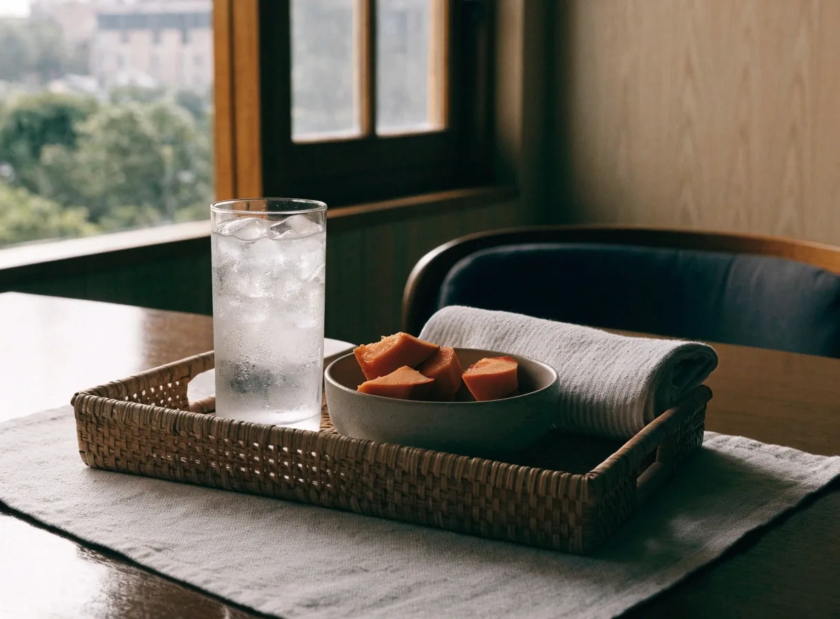 A linen table cloth at noon with a single glass of water out of focus behind it