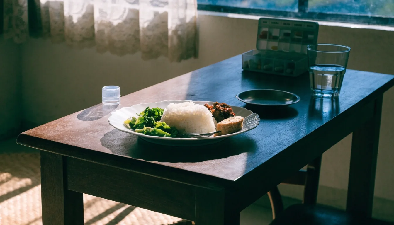 A midday dining table in Yogyakarta with a meal laid out beside an open weekly pill organiser and a glass of water