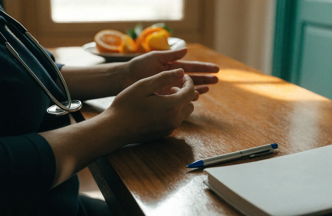A dietitian's hands arranging an unmarked notebook and pen on a stone counter beside a stethoscope