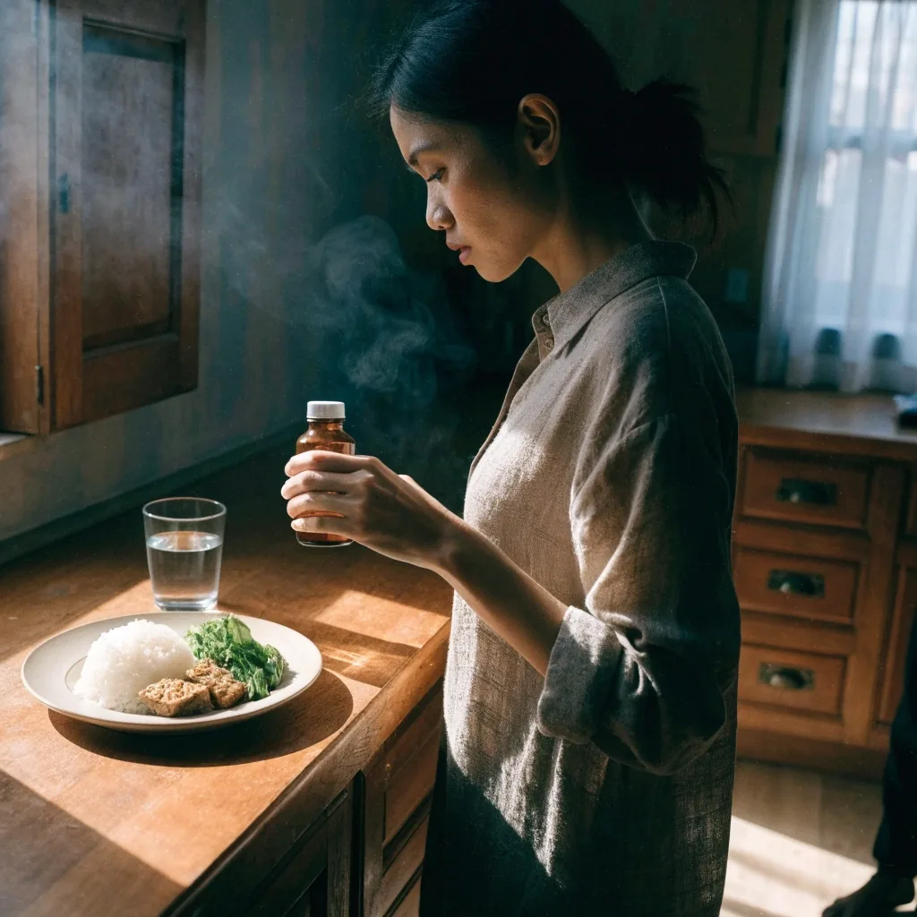 A noon kitchen table in Jakarta with rice, greens and tempeh, a glass of water and a hand holding a supplement bottle