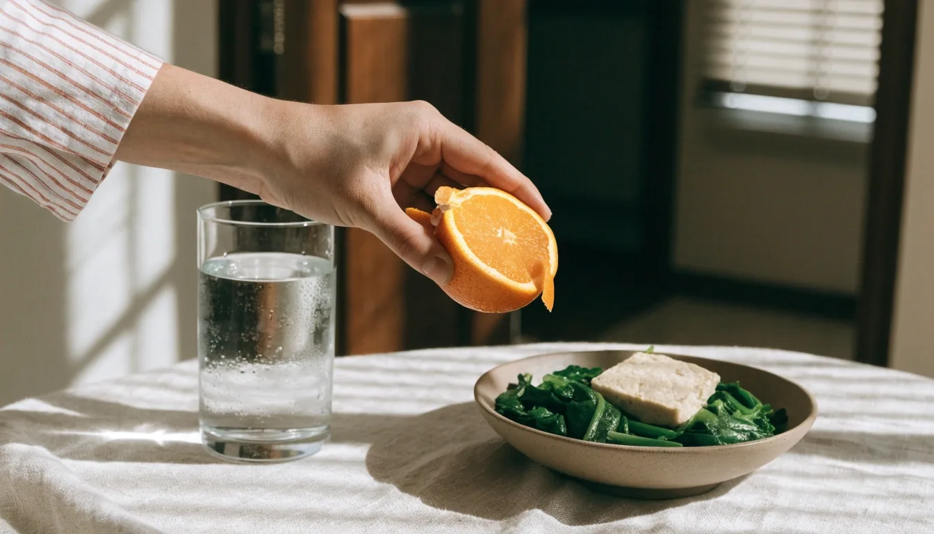 A closed notebook and a glass of water on a linen cloth at a kitchen counter in filtered daylight