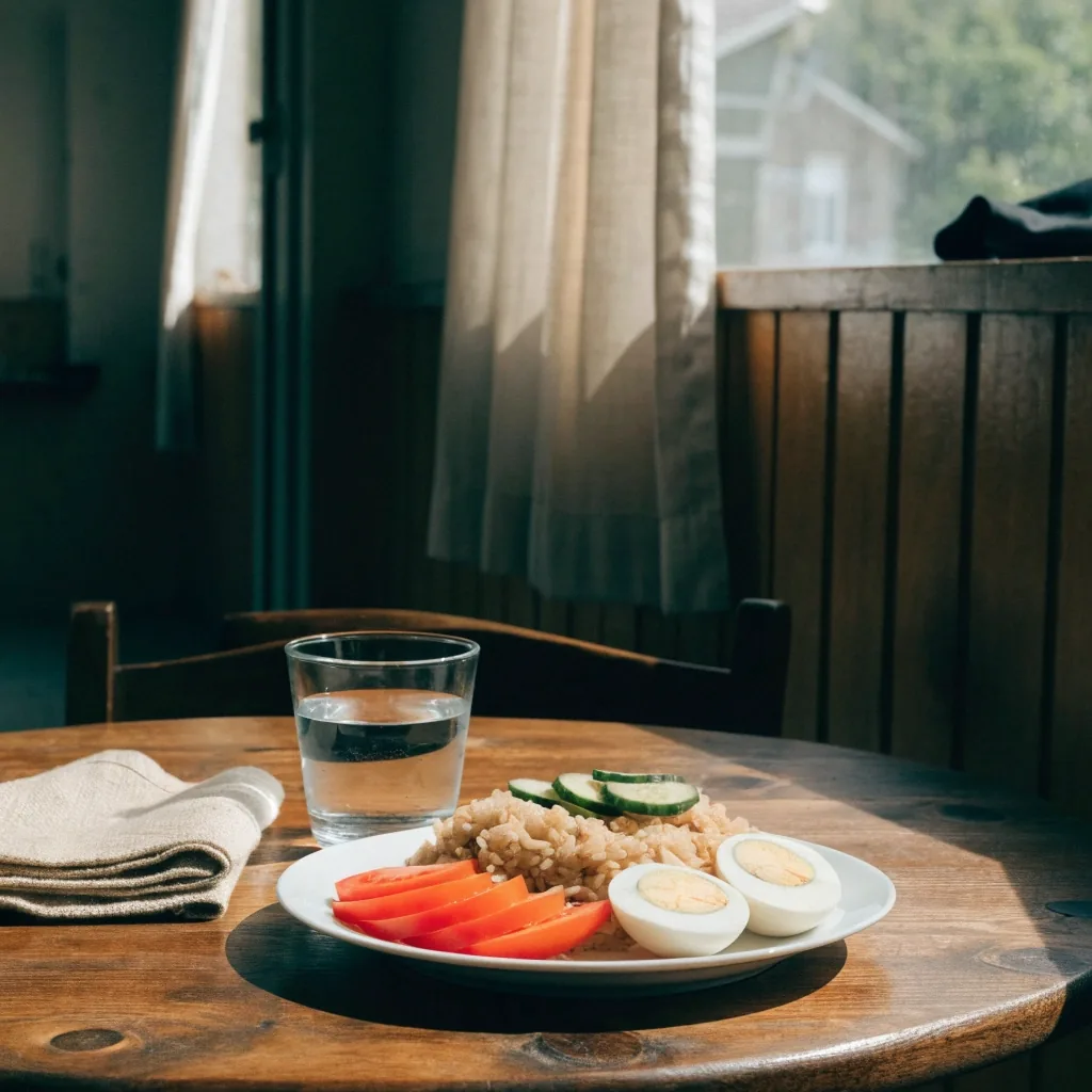 A noon-lit kitchen counter with a folded linen towel, fresh vegetables, and a bowl of cooked rice