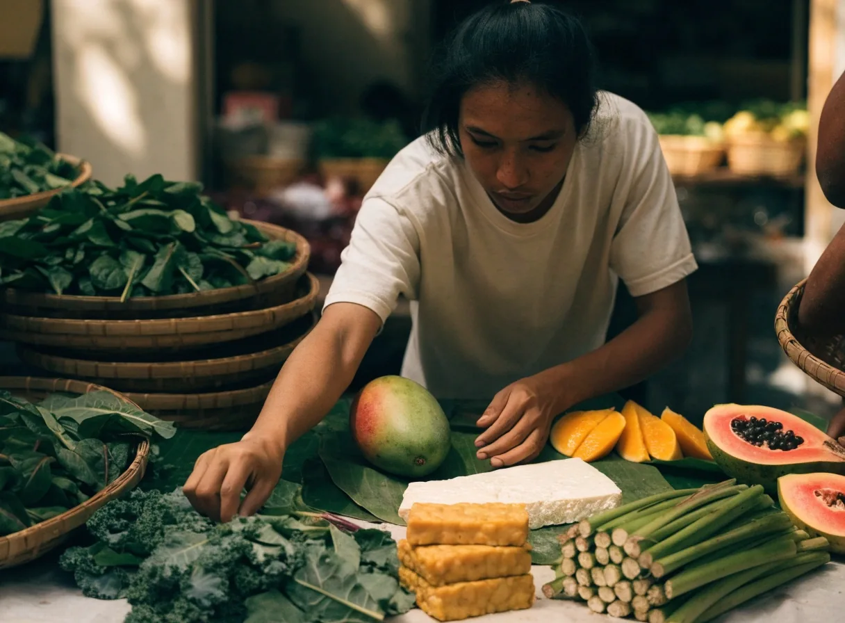 Baskets of spinach, tempeh, tofu, and fruit being arranged at a neighbourhood market stall