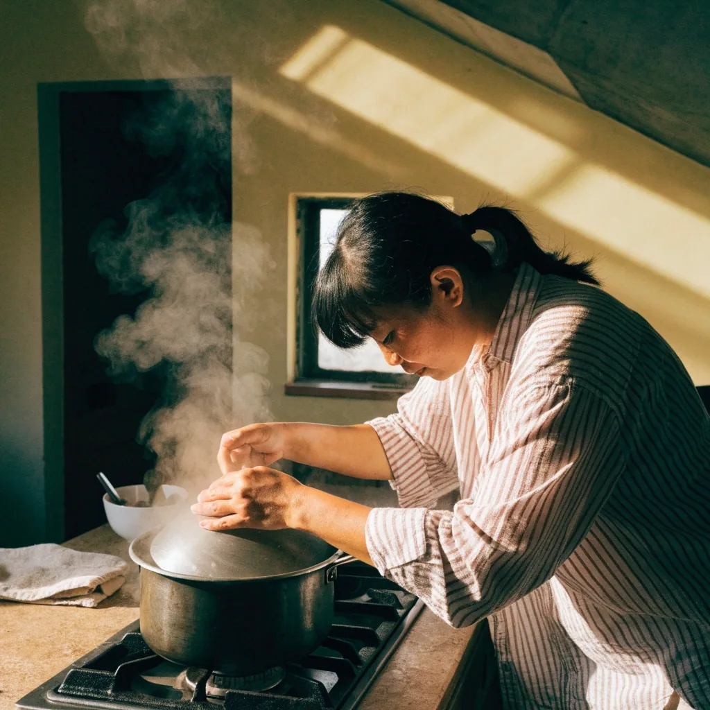 A Jakarta kitchen counter at noon with steam rising from a pot on the gas ring and a folded linen towel resting on matte stone