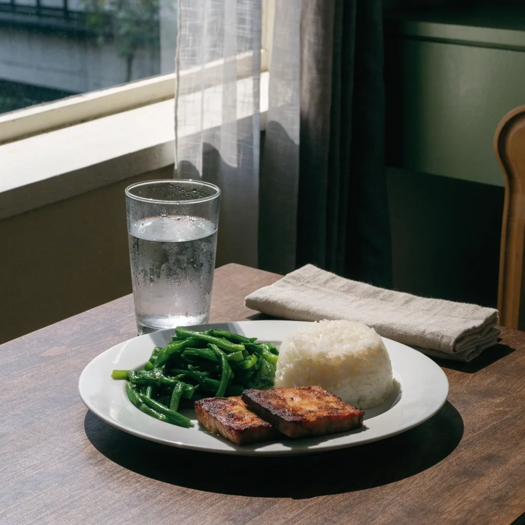 A home kitchen table in Yogyakarta set with rice, greens and tempeh under soft noon light