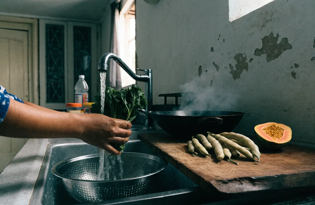 Bundles of water spinach and long beans beside papaya and banana at a market table