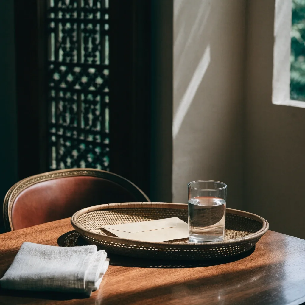 A closed document folder and a glass of water on a linen-covered sideboard in soft noon light