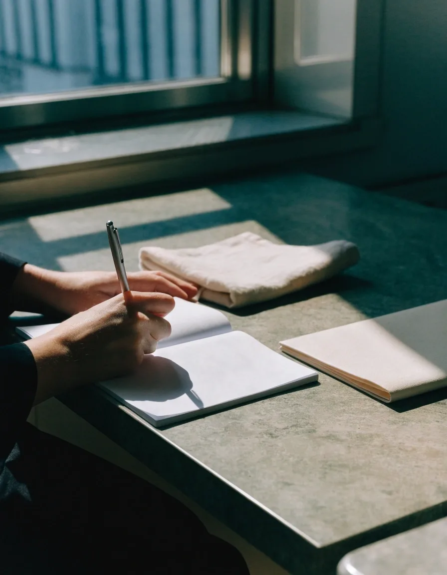 Hands writing notes in a plain notebook beside a folded linen napkin at a stone counter